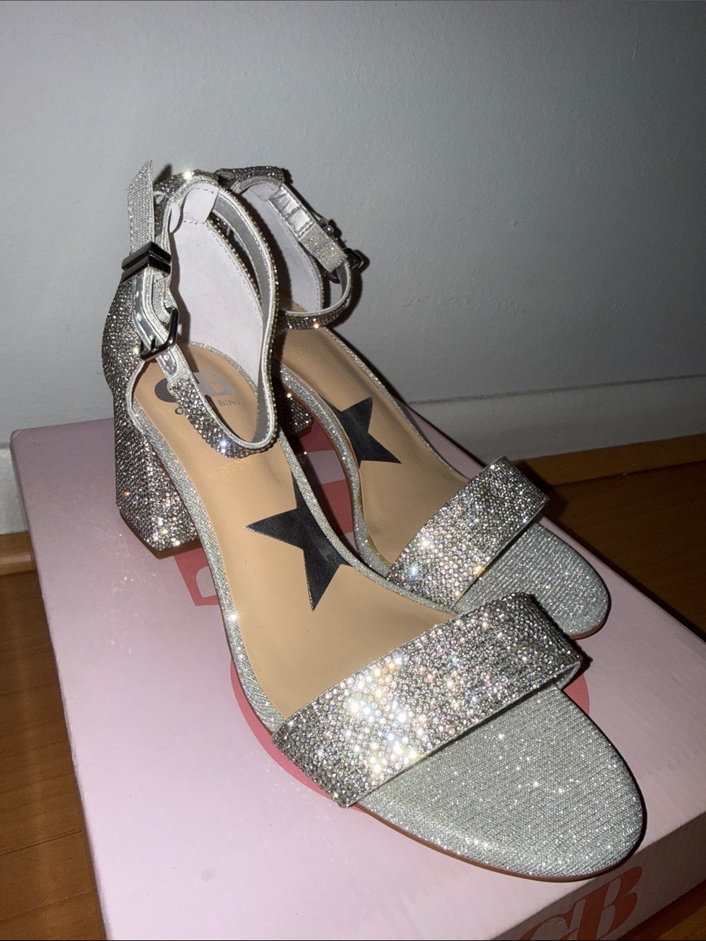 Qupid Silver Rhinestone Block Heel Sandals with Ankle Strap